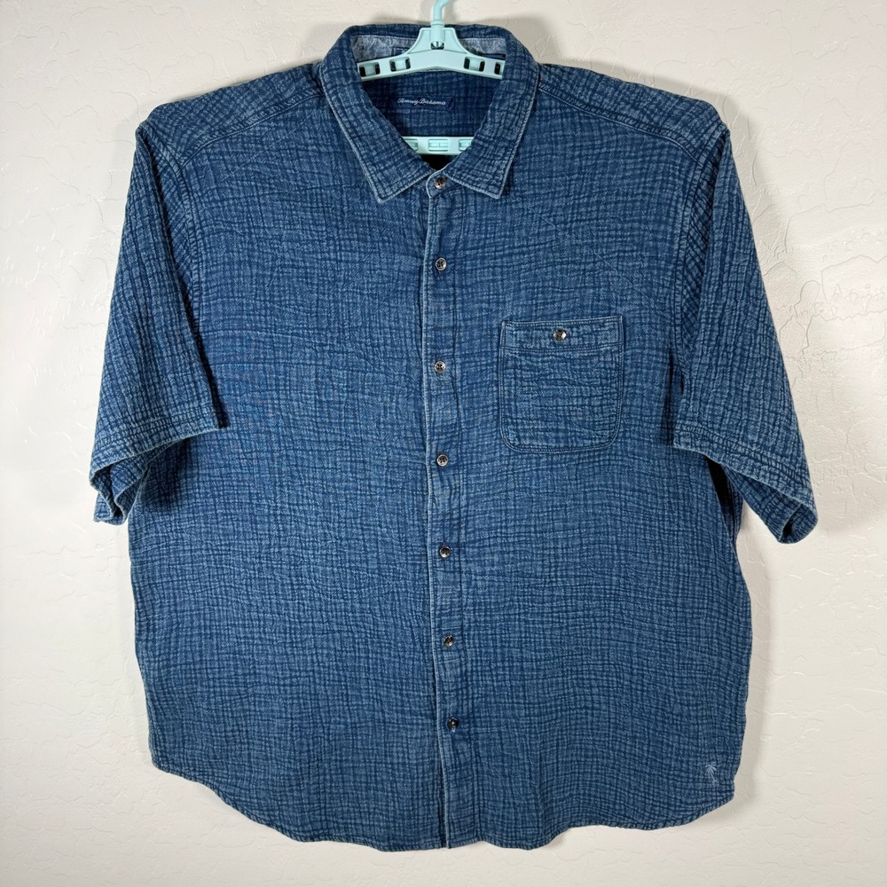 Tommy‎ Bahama Button Up Shirt Mens 1XLB Blue Cotton Gauze Textured Short Sleeve